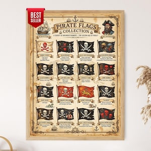 May include: A framed poster titled Pirate Flags Collection: A Survey of Infamous Banners, featuring illustrations of various historical pirate flags with skulls, crossbones, and names of famous pirates, set against a vintage map background.