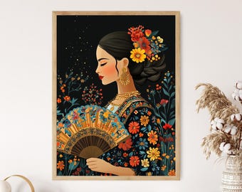メキシコの女性のイラスト、オトミの手扇子、伝統的な民芸品