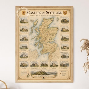 May include: A framed map titled Castles of Scotland, A Map of Historic Strongholds. The map features a central illustration of Scotland with numbered locations, surrounded by fifteen detailed sketches of various castles and their names.