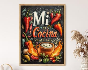 Mi Cocina Art Print: Mexican Kitchen Decor, Spicy Pepper Illustration