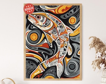 ハイダ族のワタリガラスのアートプリント、伝統的な模様、神話の