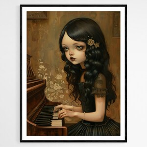 Chica tocando el piano arte impresión, elegante arte musical de la pared, perfecto para la decoración de la sala de estar, regalo único amante de la música