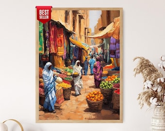Sudanese Marketplace Art Print, African Market Scene, Vibrant Sudan Decor