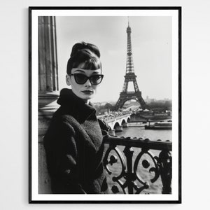 Chic Audrey Hepburn in Paris Portrait, High-Quality Photographic Print, Stylish Home Accent, Unique Gift for Old-School Glamour Fans
