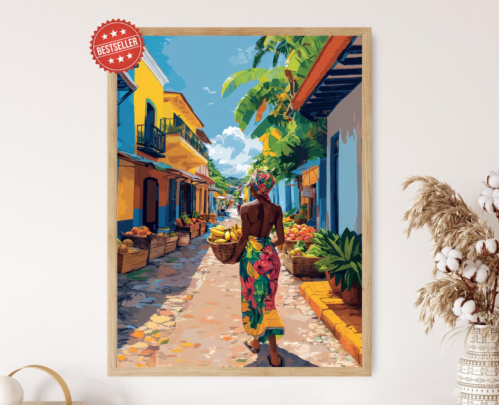 Jamaican Woman Carrying Fruits Illustration, Tropical Market Scene Art Print