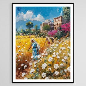 Indian Cotton Farmers, Vibrant Village Painting