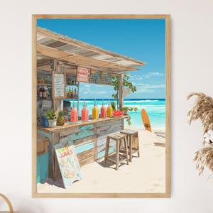 Affiche du bar à jus d'Es Pujols, impression d'art Formentera Beachside Café, scène vectorielle plane des îles Baléares