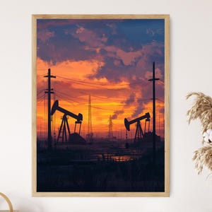 May include: Silhouette of oil derricks against a vibrant sunset sky. The sky is a mix of orange, pink, and purple hues. Power lines stretch across the scene, adding to the industrial feel.