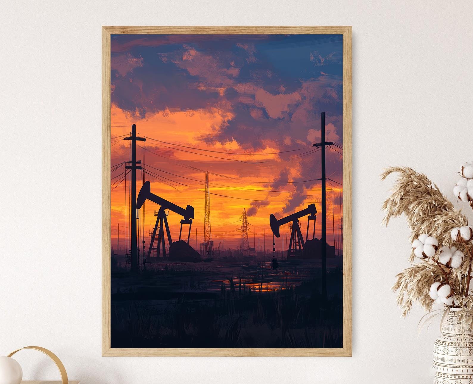 Texas Oil Field Art Print, Sunrise Over Oil Pumps, Industrial