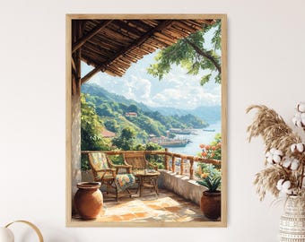 Puede incluir: Una pintura de un patio de madera con dos sillas de mimbre y una mesa pequeña. El patio tiene vistas a una ladera verde exuberante y un cuerpo de agua azul con barcos. La escena está enmarcada por una ventana de madera.
