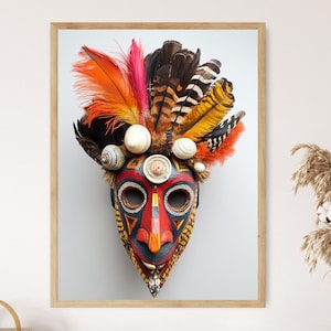 Papua-Neu-Guinea Tribal Maske Kunstdruck, kräftige Muster und Federn