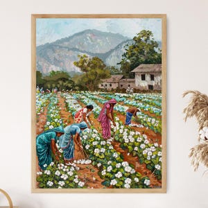 Cotton Fields of India Village Painting, Vibrant Rural Scene Art, Indian Countryside Decor, Folk Art, Farmers and Village Life Wall Art