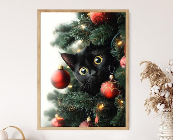 Black Cat Christmas Tree Art Print, Festive Holiday Decor With Cat