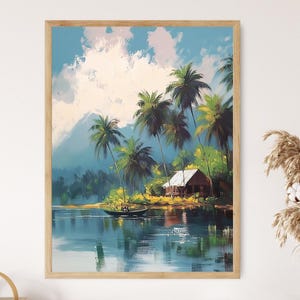 Impresión artística de una cabaña en la India tropical, decoración con una escena serena del paisaje de Kerala