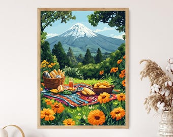 Popocatépetl Volcano Picnic Art Print, Mexican Nature Scene