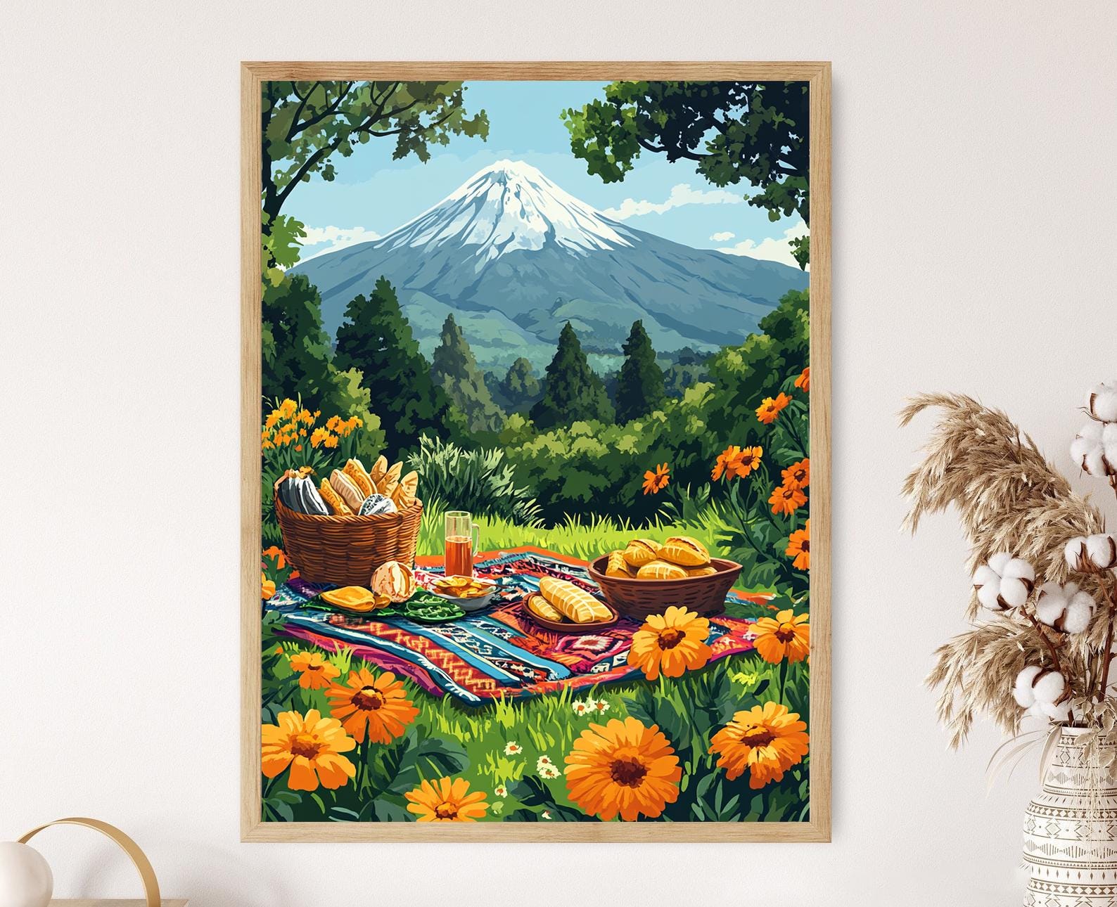 モウセンゴケ 原画 現代アート 絵画 画家 多肉植物 苔 キモカワ ポップ 創作 Popocatépetl Volcano Picnic Art Print, Mexican Nature Scene
