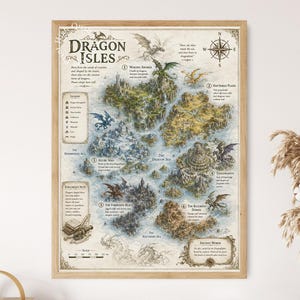 May include: A framed fantasy map titled Dragon Isles, featuring detailed illustrations of dragons, diverse terrain, and numbered locations. The map includes a compass rose, a legend, explorer's notes, and a scale bar, all rendered in muted earth tones.