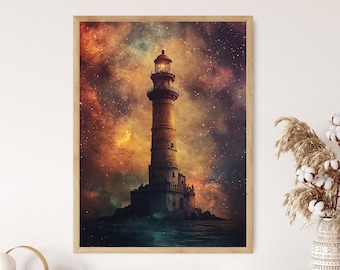 Lighthouse of Alexandria Art Print, Ancient Wonder and Starlit Sky
