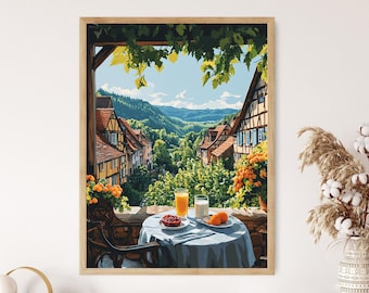 Alsace Breakfast with Kouglof, Vineyard and Half-Timbered House Scene