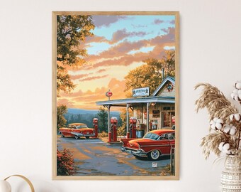 Vintage Gas Station Art Print, Route 31, Retro Alabama Landscape