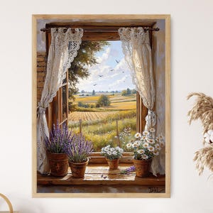 Könnte beinhalten: Ein Gemälde eines Fensters mit weißen Spitzenvorhängen, das auf ein Feld mit Wildblumen blickt. Das Fenster ist mit Holz gerahmt und hat einen rustikalen Charme. Auf dem Fenstersims stehen Topfpflanzen, darunter Lavendel und Gänseblümchen.