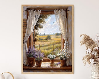 Cottagecore Window View Fine Art Print, Floral Curtain Painting, Peaceful Countryside Wall Art