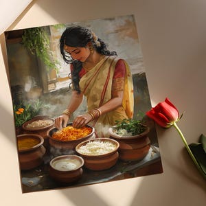 May include: A woman in a yellow and red sari cooks in a kitchen. She is stirring a pot of food with a wooden spoon. There are several other pots on the counter, some with lids and some without. The kitchen is decorated with traditional Indian decor.