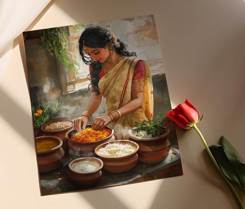 May include: A woman in a yellow and red sari cooks in a kitchen. She is stirring a pot of food with a wooden spoon. There are several other pots on the counter, some with lids and some without. The kitchen is decorated with traditional Indian decor.