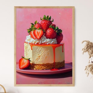 Strawberry Cheesecake Art Print, Fresh Strawberries and Whipped Cream