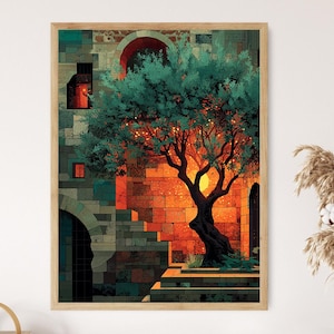 Olive Grove Blessings Art Print | Middle Eastern Herbal Wisdom Botanical Scene | Sacred Olive Tree Poster | Folkloric Mediterranean Art