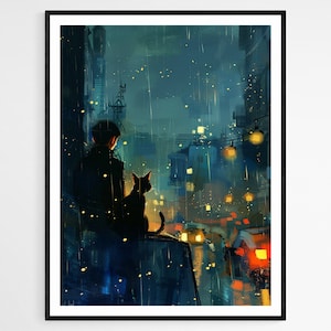 Ilustración de Night Pals / Impresión de arte única / Ideal para amantes de los gatos