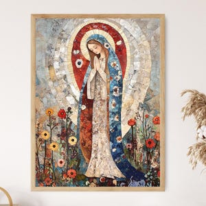 Graceful Virgin Mary Wall Art, Our Lady of Lourdes Religious Print Decor