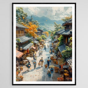 Mercado movimentado do período Edo, arte tradicional japonesa de cenas de rua