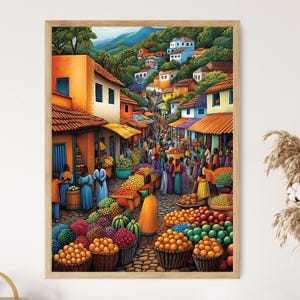 Ghana Marktplatz Illustration, Bunte Bauernmarkt Malerei, Afrikanische Obst Kunst, Wandkunst für Küche, Afrikanisches Restaurant Dekor