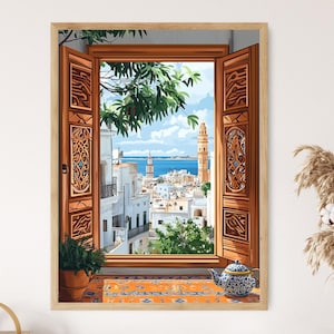 Ilustración de ventana de madera de Argel, tallas bereberes, vista de la alcazaba