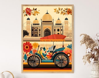 May include: A framed art print featuring a colorful illustration of an Indian palace and a vintage-style carriage. The artwork showcases a vibrant palette of orange, yellow, blue, and green, with floral accents. The print is set against a light beige background.