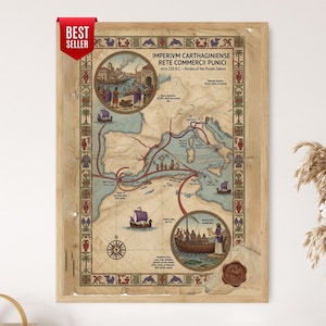 May include: A framed historical map titled IMPERIVM CARTHAGINIENSE RETE COMMERCII PUNICI circa 250 B.C. featuring trade routes, illustrations of ancient ships, and decorative borders with motifs of amphorae, palm trees, and dolphins on parchment.
