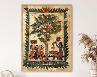 May include: A vintage Indian painting depicting a green tree with red flowers and a woman in blue clothing holding a flower. Three women in colorful clothing stand beneath the tree. The painting is framed in a wooden frame.