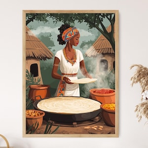 Ethiopian Woman Cooking Injera Art Print, Traditional African Kitchen, Cultural Decor
