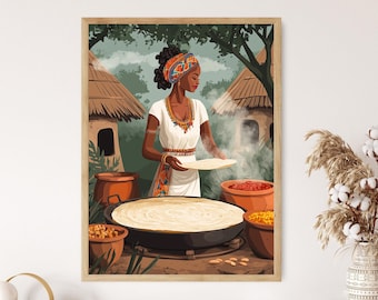 Ethiopian Woman Cooking Injera Art Print, Traditional African Kitchen, Cultural Decor
