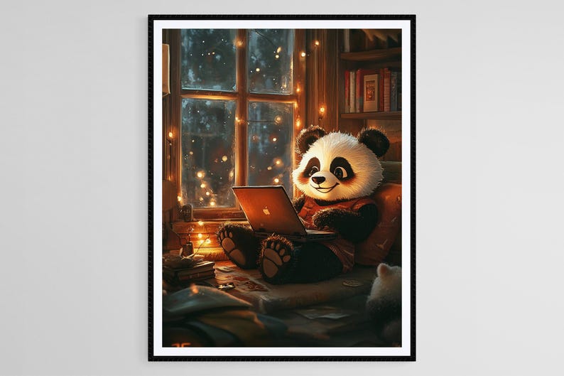 Cozy Panda With Laptop Illustration, Warm and Whimsical Digital Art