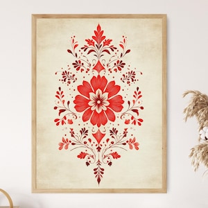 Illustrazione di mandala Redwork, stampa artistica di ricamo popolare ornamentale
