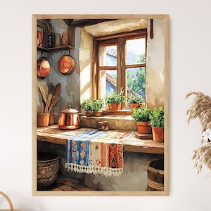 May include: A painting of a kitchen window with a view of a garden. The window is framed in wood and has a white sill. There are potted plants on the sill, and a copper pot sits on the counter below. A colorful rug hangs from the counter.
