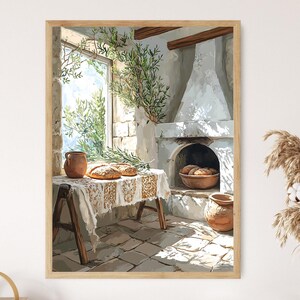Könnte beinhalten: Ein Gemälde einer rustikalen Küche mit einem weiß getünchten Kamin, einem Fenster mit Blick auf Bäume und einem Tisch, der mit Brotlaiben und einem Krug gedeckt ist. Die Szene ist in warmes Sonnenlicht getaucht.