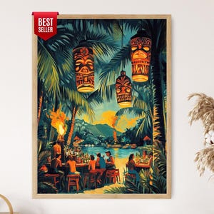 May include: A framed print depicts a tropical scene with tiki-style lanterns hanging from palm trees. The artwork showcases a bar scene with people, a bonfire, and a vibrant sunset over a body of water. The words "BEST SELLER" are in the upper left corner.