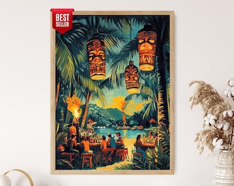 Impressão artística vintage havaiana de Tiki Bar, clientes e tochas flamejantes