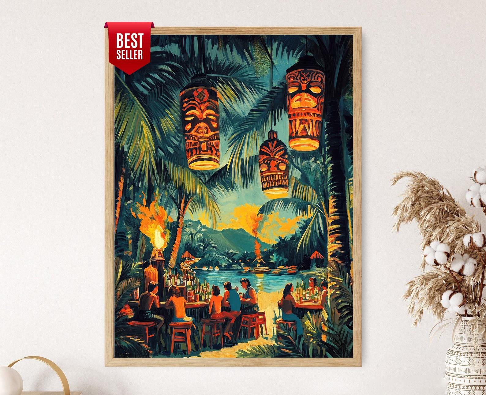 Vintage Hawaiian Tiki Bar Art Print, Patrons and Flaming Torches