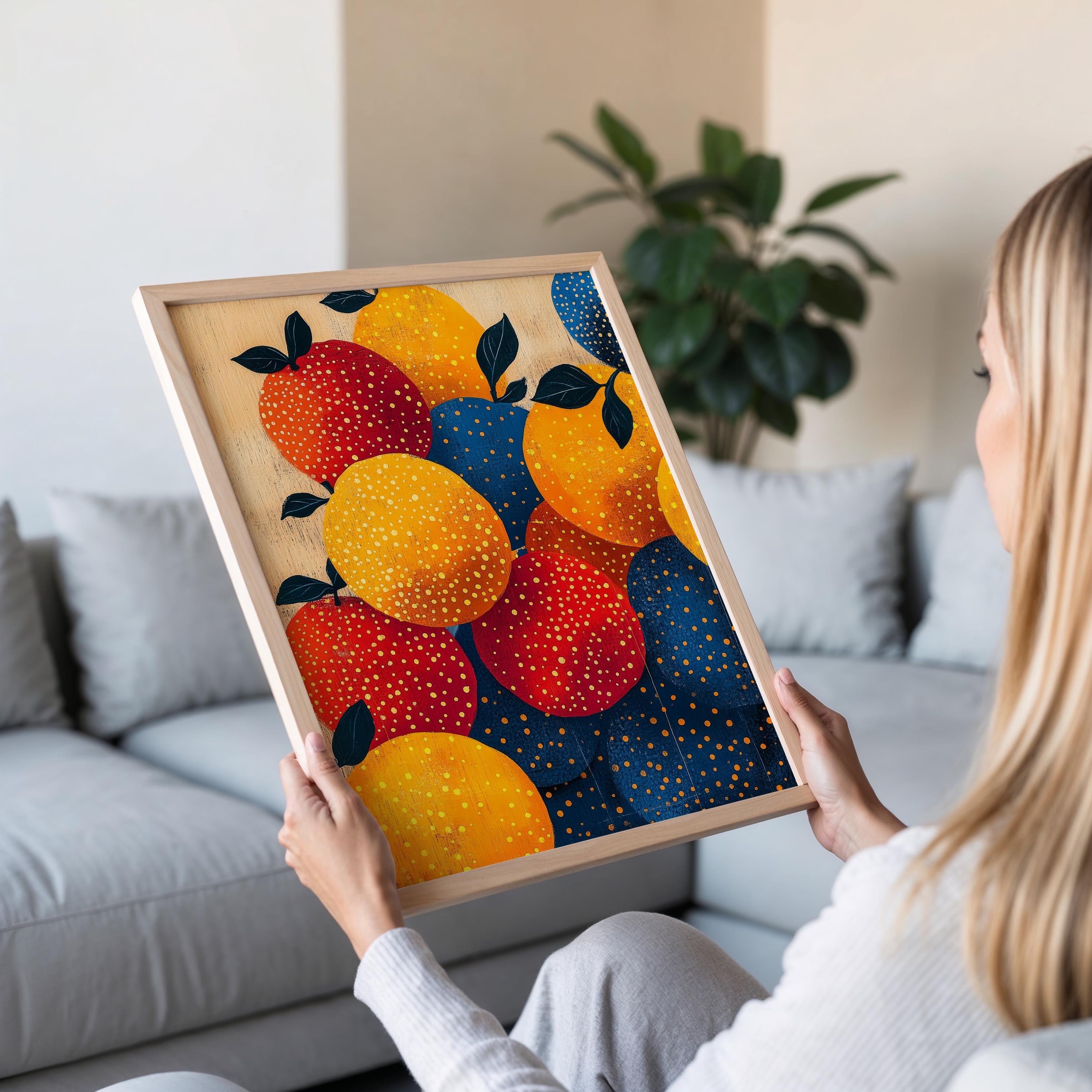 草間彌生のオレンジプリント：カラフルな水玉模様の秋のウォールアート