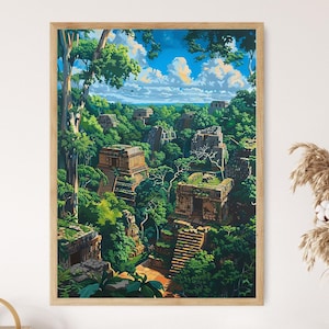 Joya de Cerén Painting, El Salvadorian Archaeological Art Print, Ancient Mayan Structures and Artifacts