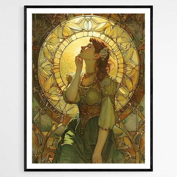 Oeuvre d'art de style Mucha, illustration florale nouveau, art mural de chambre à coucher classique, cadeau d'anniversaire romantique